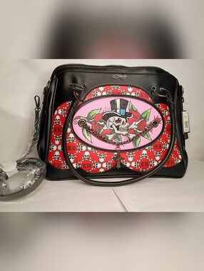 Ed Hardy Black & Red Skull Print Satchel Bag